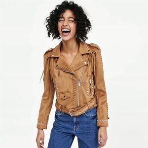 Zara Faux Suede Fringe Biker Jacket Stud Detail small EUC